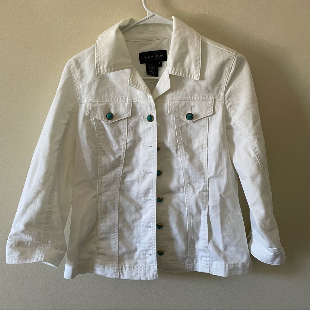 Live a Little, white, denim jacket, turquoise buttons, size small